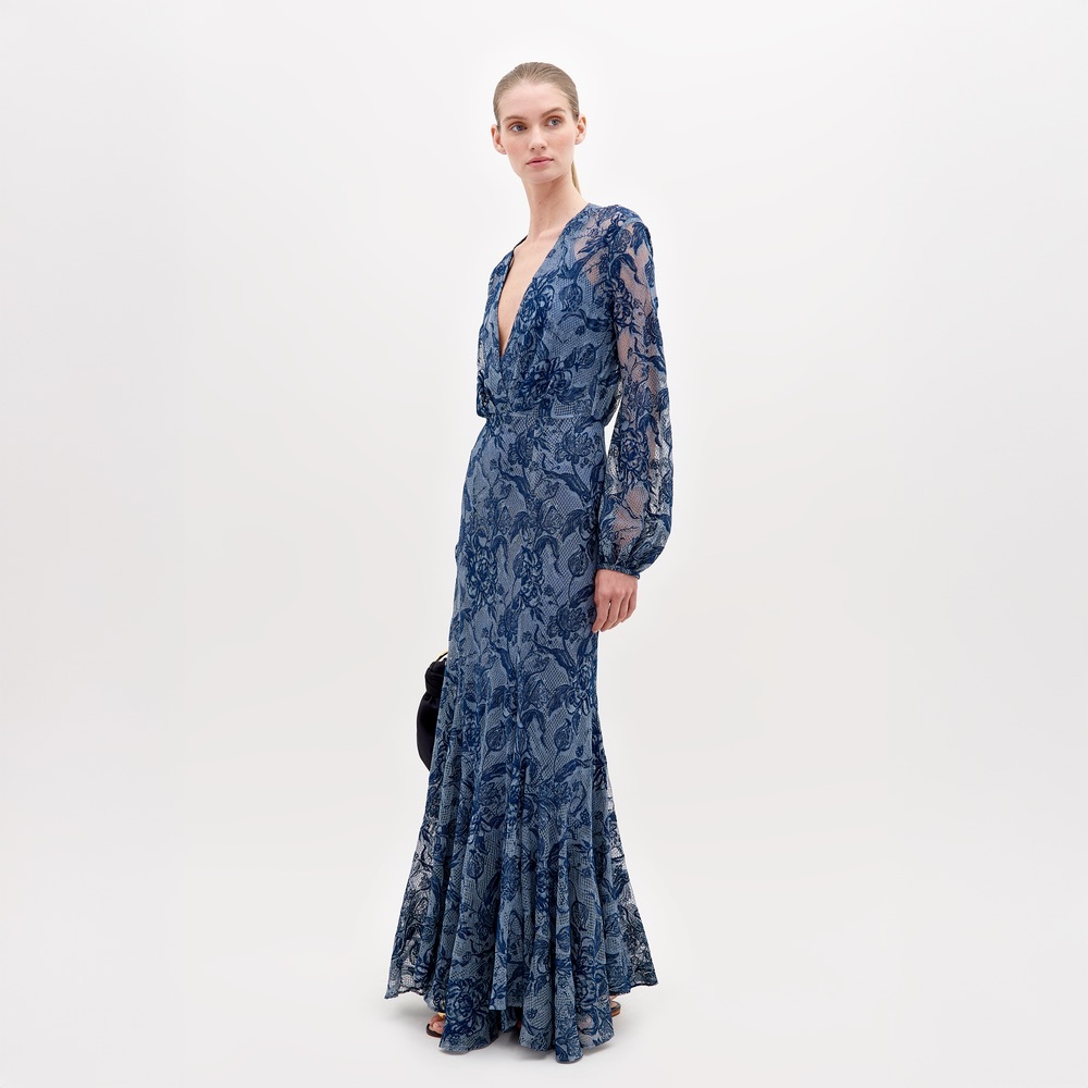 Silvia Tcherassi Robin Lace Long-Sleeve Maxi Dress-Blue